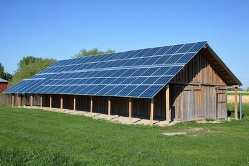 Wooden barn with solar panels on its roof, generating clean energy. Ideal for illustrating renewable energy, sustainable living, and rural power solutions.