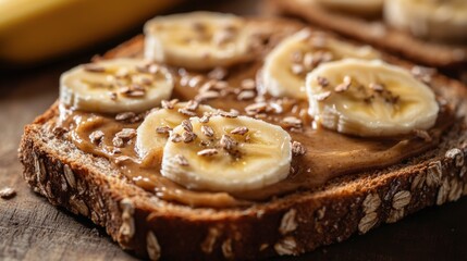 Peanut Butter and Banana Toast:  A close-up shot of a peanut butter and banana sandwich on whole wheat bread. The toast is sprinkled with chia seeds.