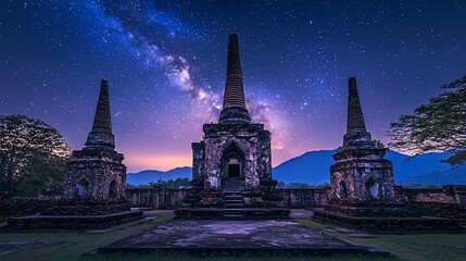 Obraz premium Ancient temple ruins under a stunning Milky Way galaxy at night.
