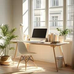 Fototapeta premium Modern minimalist home office with AI generated illustration