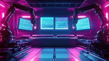 Obraz premium Intelligent Robot Arms Operating in a High-Tech Automation Factory