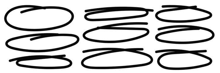 Set of hand drawn red circles and ovals. Highlight circle frames. Ellipses in doodle style. Vector illustration