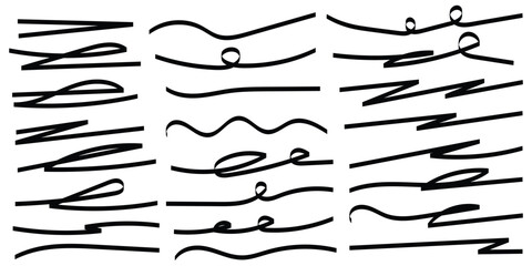 Set of hand drawn marker line design element, grunge strokes, doodle lines underline scribble. 