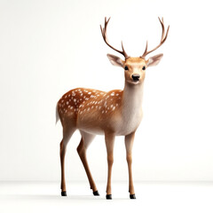 Obraz premium A realistic 3D render of a deer with antlers, showcasing its spotted coat against a neutral background, emphasizing its natural beauty.