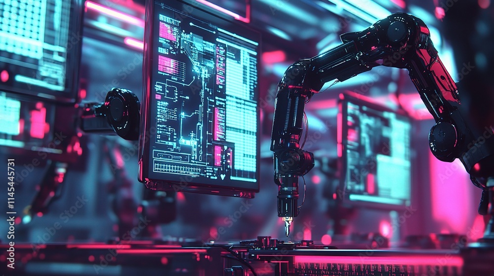 Poster intelligent automation with robotic arm performing various tasks