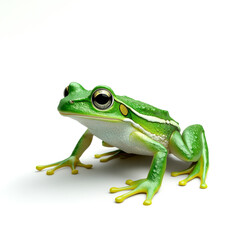 Fototapeta premium A vibrant green frog with striking features, positioned on a white background, showcasing its smooth skin and distinct coloration.