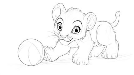 Obraz premium A cute lion cub playing with a ball, outlined in clean lines