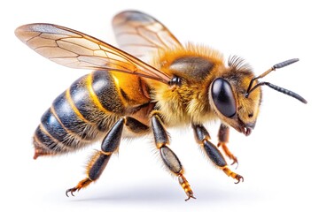 Honey Bee Hovering, White Background, Macro Photography