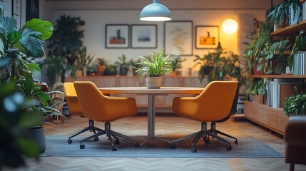 Fototapeta premium Modern Office Interior Design Featuring Plants and Yellow Chairs