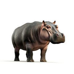 Obraz premium A realistic depiction of a hippopotamus standing on a white background, showcasing its large body and distinctive features.