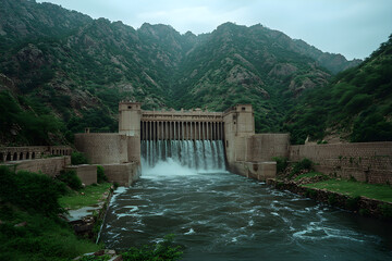 Majestic Hydroelectric Dam: Harmonizing Energy Generation and Nature in Lush Green Mountains