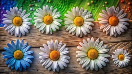 Obraz premium Cute white daisy chamomile flower icons on a green background, flat design