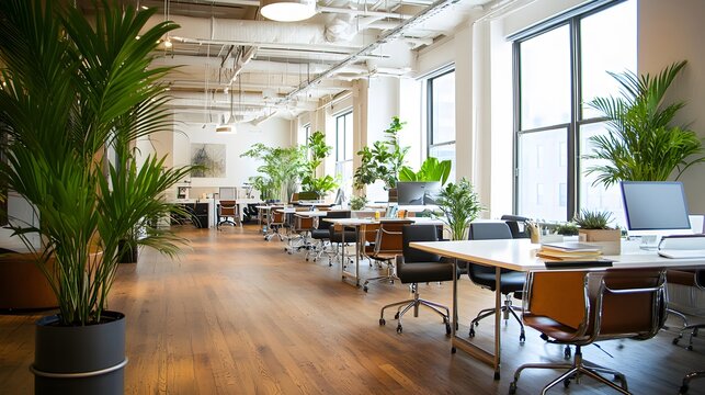 Open workspace featuring large communal AI generated illustration