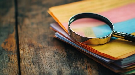 Magnifying Glass Over Colorful Documents on Wooden Table