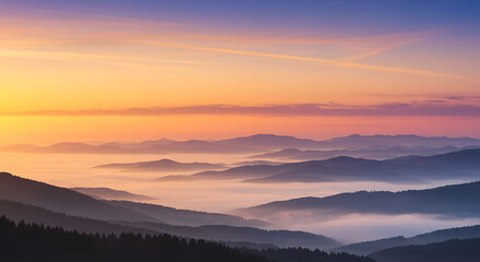 Fototapeta premium Serene Sunrise Over Misty Mountain Ranges Scenic Landscape