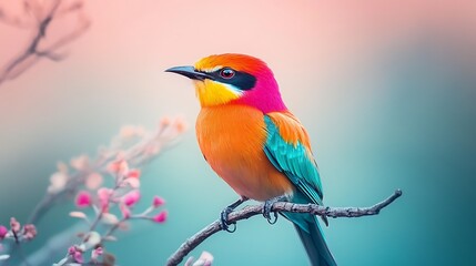 Obraz premium Vivid Rainbow Bird Perched on Branch Amongst Blossoms