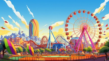 Vibrant Amusement Park Summer Day Colorful Rides