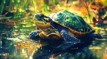 Obraz premium Colorful turtle in pond, sunlit water.