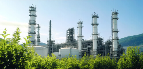 Obraz premium Chimneys and pipelines in petrochemical plants