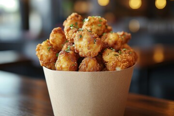 Crispy golden-brown fried cheese curds in a paper cup. Perfect for menus, food blogs, and restaurant websites.