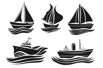 Set of nautical ship silhouettes featuring sailboats, yachts, and vessels on ocean waves, perfect for marine-themed designs, travel graphics, logos, and creative maritime projects