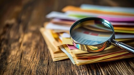 Magnifying Glass Over Colorful Documents on Wooden Surface