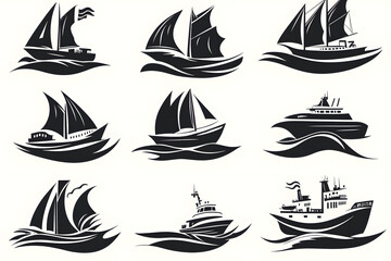 Maritime design icons including ships, compass, anchor, lighthouse, wheel, and nautical tools, perfect for marine-themed projects, sailing, and ocean navigation designs