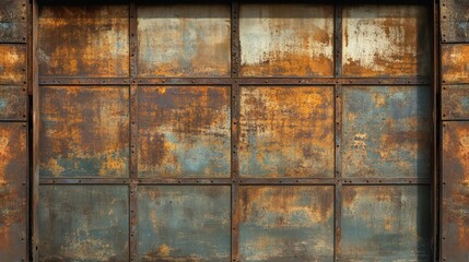 Sheet metal rusted textured selective focus background, garage door, industrial, natural authentic look