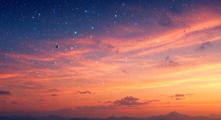 Fototapeta premium Serene Sunset Sky Stars Moon Mountains Night