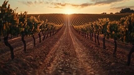 Naklejka premium Sunrise over a vineyard, rows of grapevines stretching endlessly, symbolizing growth and promise, anticipation, emotion, journey