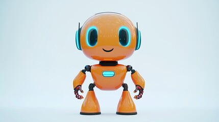 A robot with blue eyes and orange body is smiling