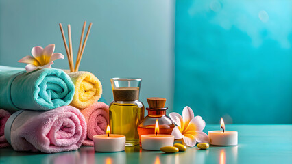 Glossy background with arranged spa towels essential oils and candles copy space on side. concept as Elegant glossy background featuring neatly arranged spa towels essential oils and candles symbolizi