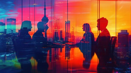 Businesspeople in Conference with Double Exposure Cityscape Background