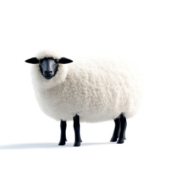 Fototapeta premium A fluffy sheep figurine with a white coat and black face, standing on a plain background, representing farm life or pastoral themes.