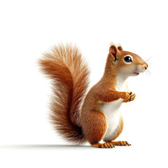 Obraz premium A realistic, animated squirrel stands upright with a fluffy tail, showcasing its vibrant fur and playful demeanor against a white background.