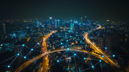 Smart digital Innovation city with connection network reciprocity over the cityscape. of future smart wireless city and social media networking systems that connects business people with in city