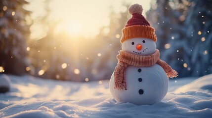 Fototapeta premium Snowy Day Delight: A charming snowman stands tall, a symbol of winter's magic amidst a snowy landscape. The warm glow of the setting sun casts a golden hue on the scene.