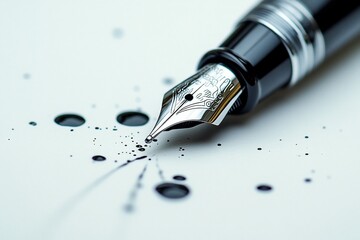 Close-up of fountain pen nib on paper with ink splatters.