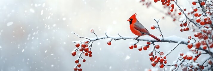 Red Bird Perches on Snowy Branch with Berries During Winter Snowfall