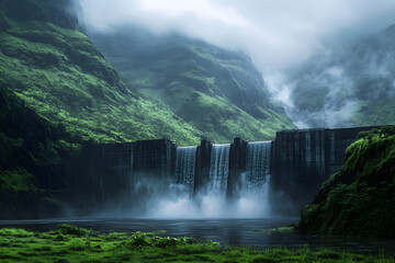 Fototapeta premium Majestic Hydroelectric Dam: Harmonizing Energy Generation and Nature in Lush Green Mountains