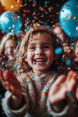 A family-friendly New Year&rsquo;s Eve event with kids playing games. Balloons and confetti are everywhere, Generative AI