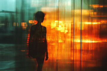The reflections of fiery tones on glass surfaces create a dynamic cityscape