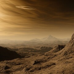 Naklejka premium Alien Landscape Sunset with Atmospheric Ring Formation