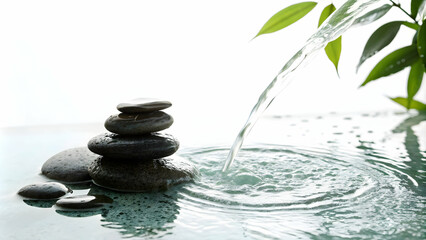 Naklejka premium Serene Glossy Background with Flowing Water and Smooth Pebbles for Spa Wellness