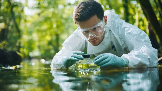 A scientist collecting water samples from a polluted river, wearing gloves and protective gear, highlighting the fight against environmental contamination. 
