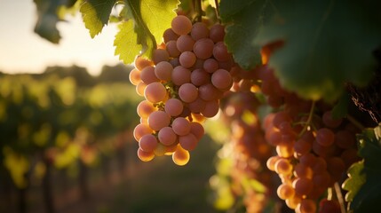 Fototapeta premium Sun-Kissed Grapes: A cluster of plump, ripe grapes hangs from a vine, bathed in the warm glow of the setting sun, evoking a sense of abundance and the beauty of nature's harvest. 