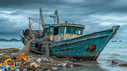 A small fishing boat navigating through polluted waters filled with plastic waste and oil slicks, as the fishermen cast their nets in search of a meager catch. The sky is overcast, adding to 
