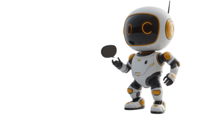 render of a cute robot with a text bubble on transparent background