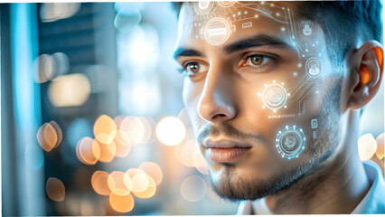 Obraz premium Macro Shot Human Face with Glowing Digital Tattoos Personalization Technology