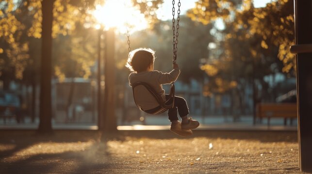 Golden Hour Swing: A toddler enjoys a carefree swing ride bathed in the warm glow of the setting sun in a tranquil park setting.   - Powered by Adobe